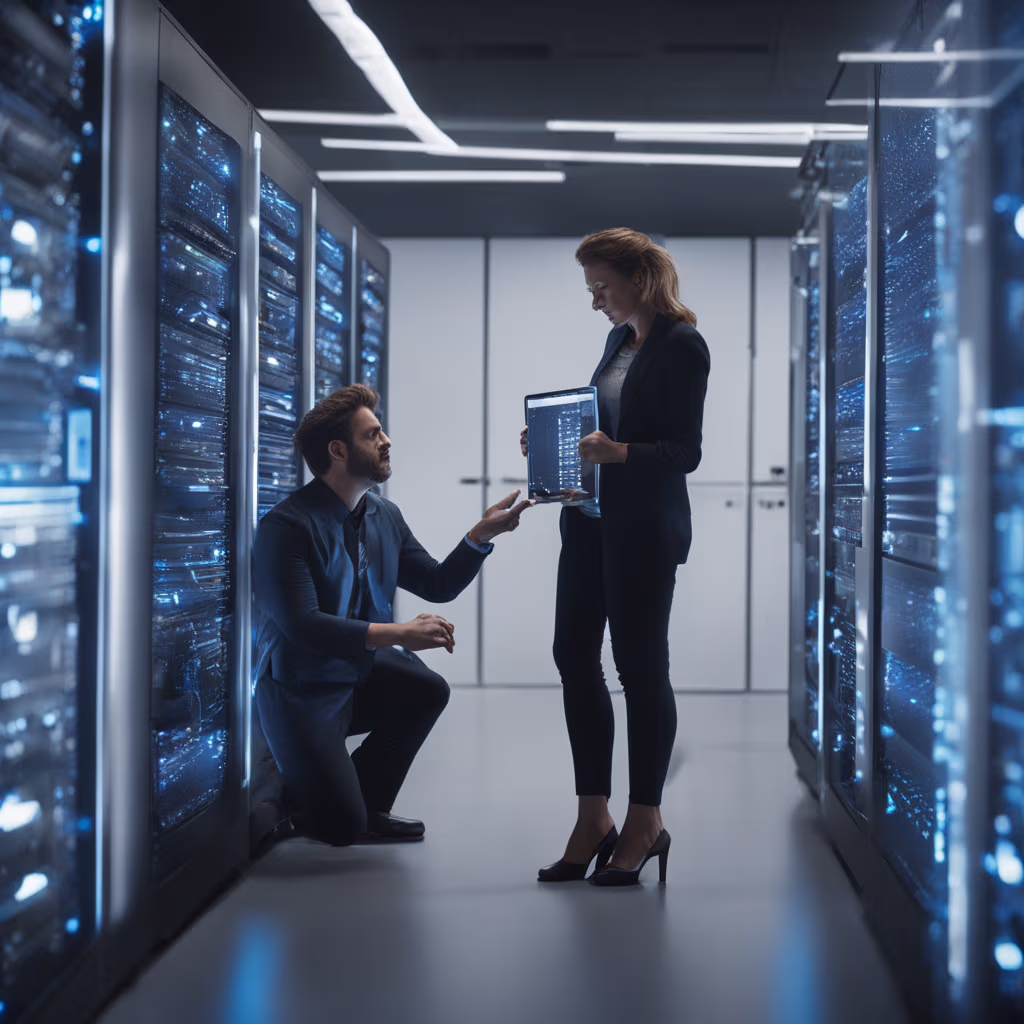 A man and woman working together in a server room, setting up a Jellyfin media server in a Proxmox environment.