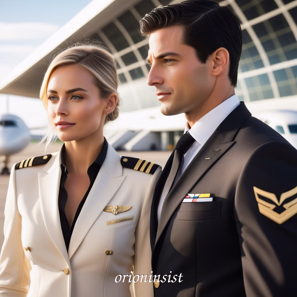 A photorealistic image of a blonde female pilot and her computer engineer husband in a black suit, smiling together at an airport.