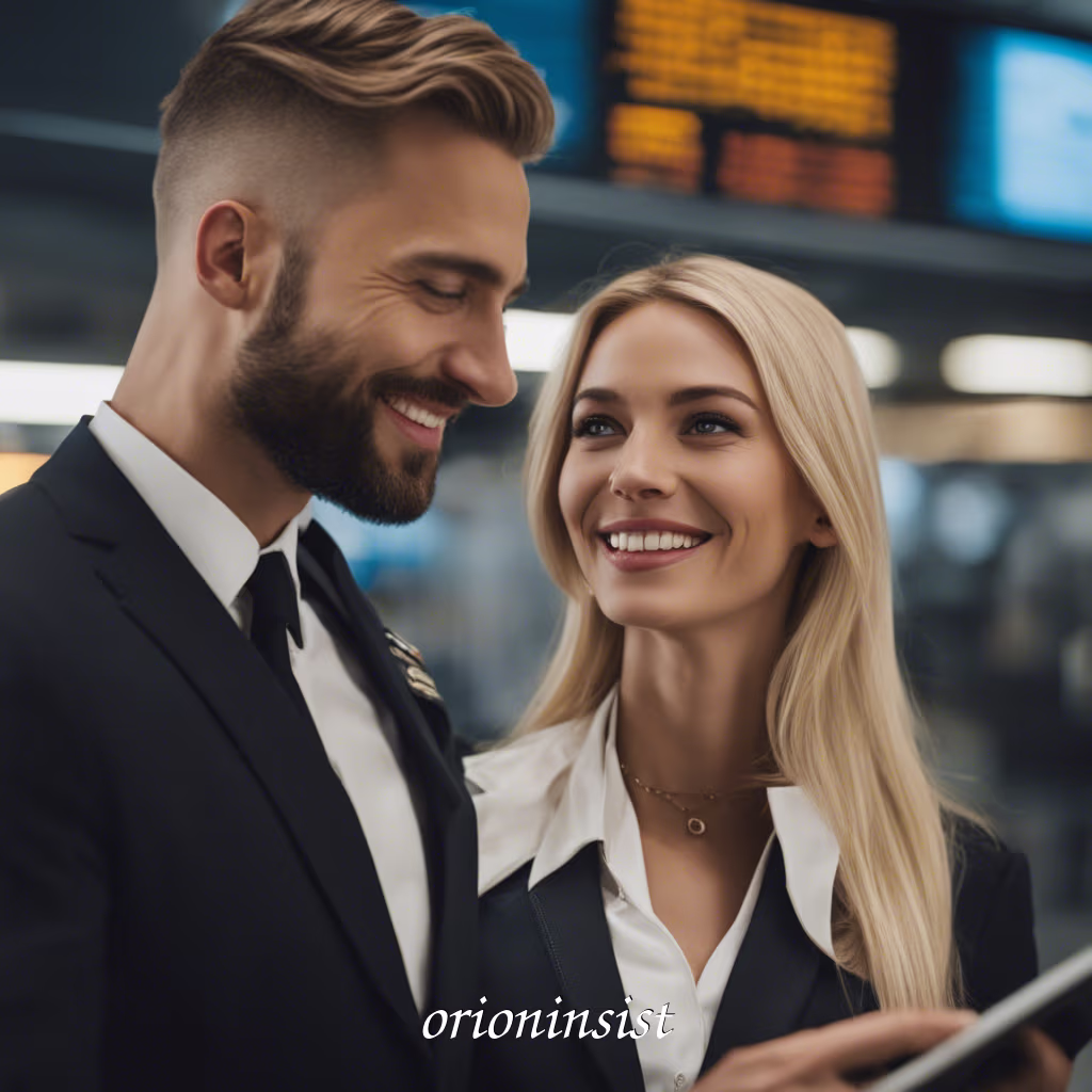 A photorealistic image of a blonde female pilot and her computer engineer husband in a black suit, smiling together at an airport.