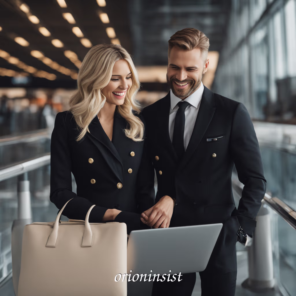 A photorealistic image of a blonde female pilot and her computer engineer husband in a black suit, smiling together at an airport.