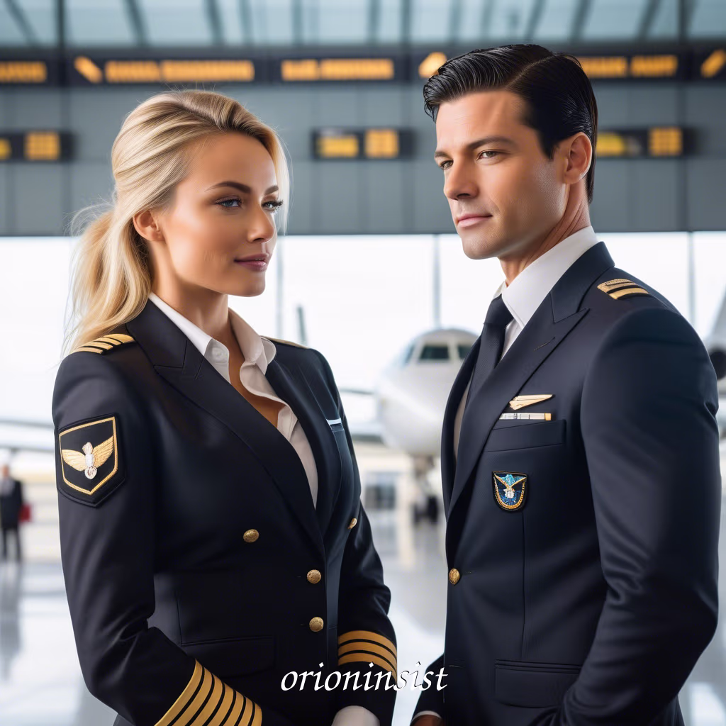 A photorealistic image of a blonde female pilot and her computer engineer husband in a black suit, smiling together at an airport.
