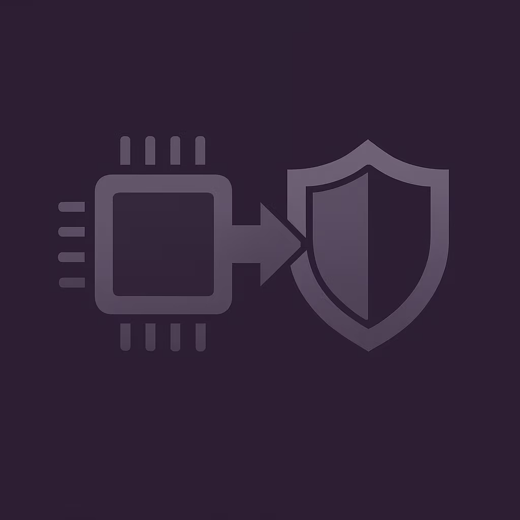 Abstract geometric illustration representing a cyber security home lab, featuring a computer processor chip transforming into a protective shield in dark purple and grey gradients.