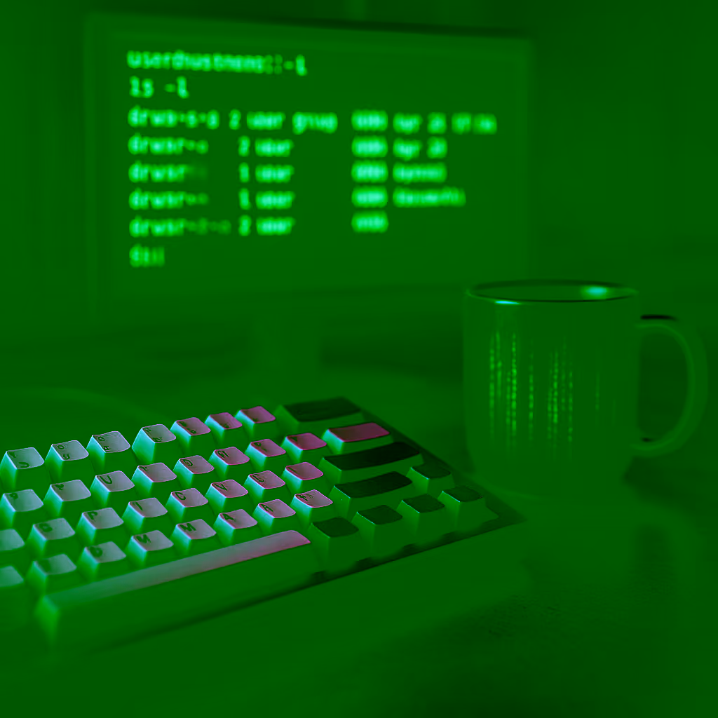 Dark cyberpunk Linux terminal setup with mechanical keyboard