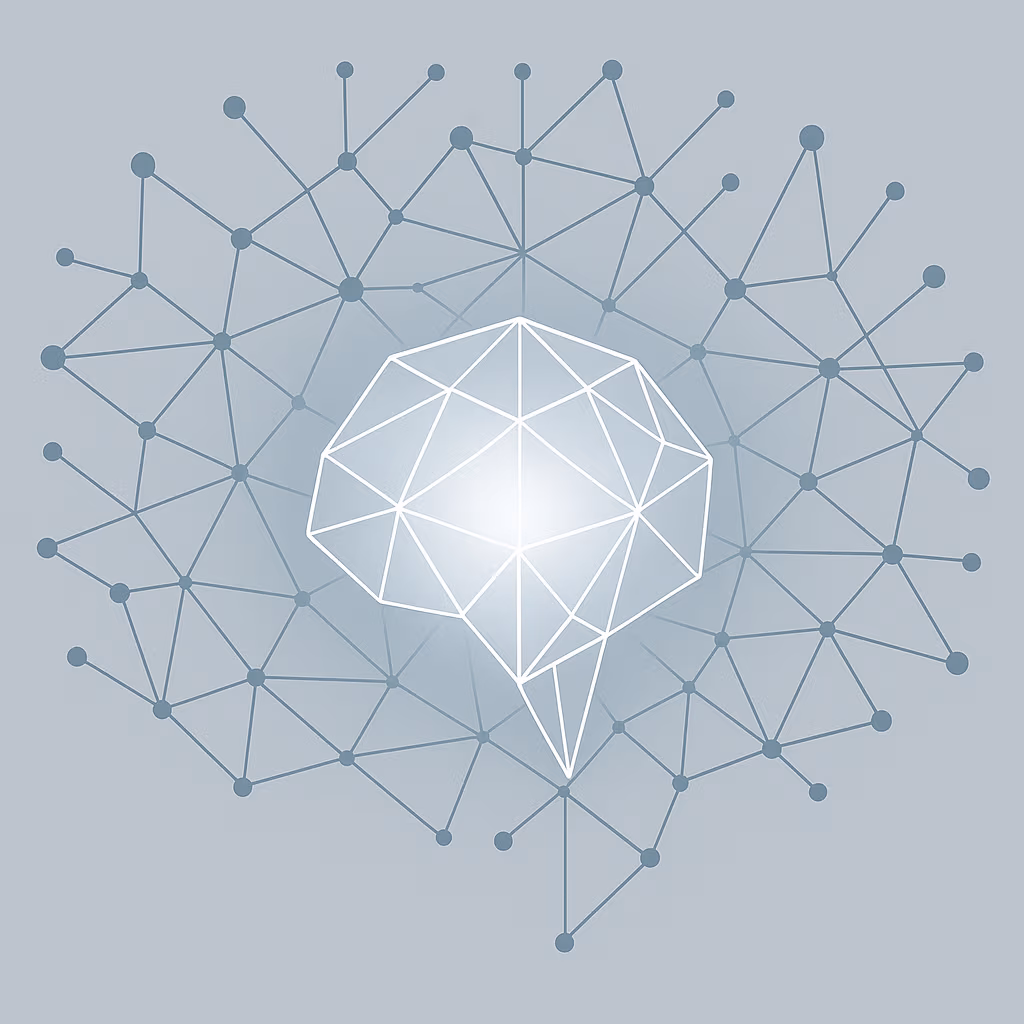A minimalistic vector illustration showing a neural network transforming into a glowing geometric brain core in blue and gray tones.