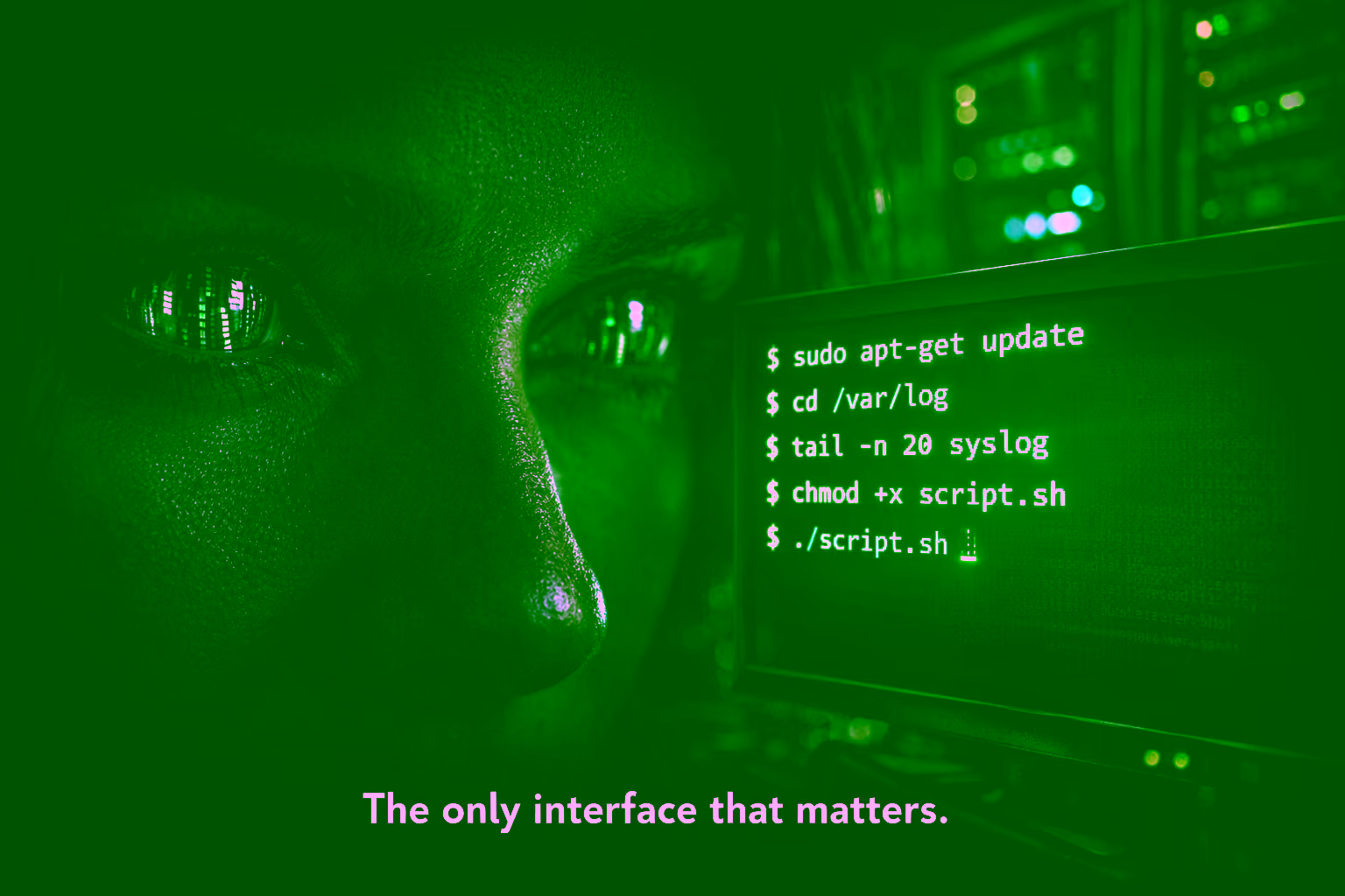 Dark terminal screen displaying bash commands with a cyberpunk server room background.