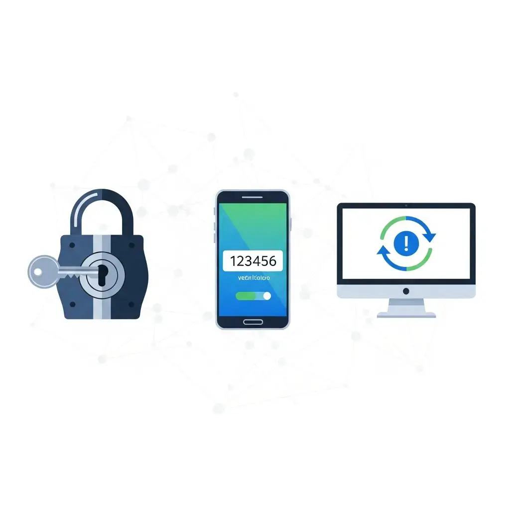 An image depicting a digital network under attack, with various cybersecurity threats like a phishhook, virus symbol, and denial of service icon.