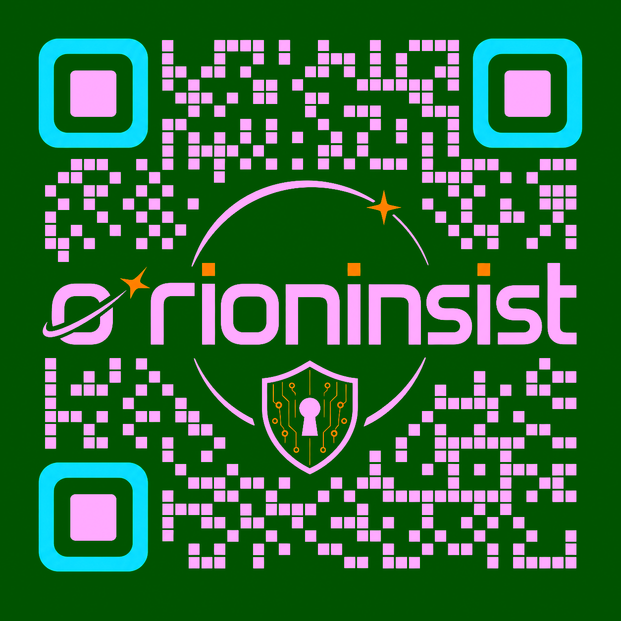 orioninsist large wordmark QR cover with black background, white modules, and teal accents